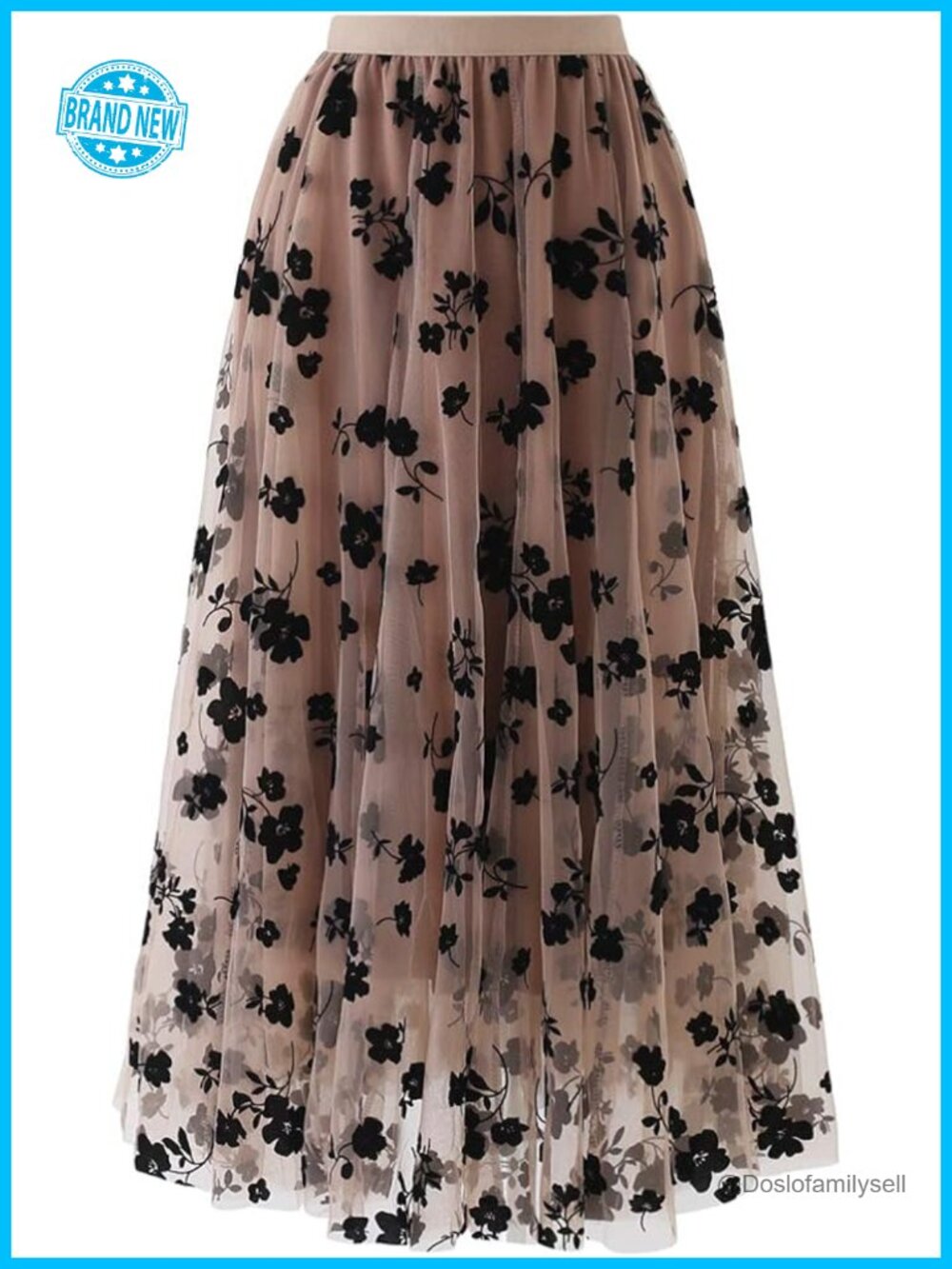 3D Posy Double-Layered Mesh Midi Skirt - Romantic Floral High Rise A-Line - Picture 1 of 7